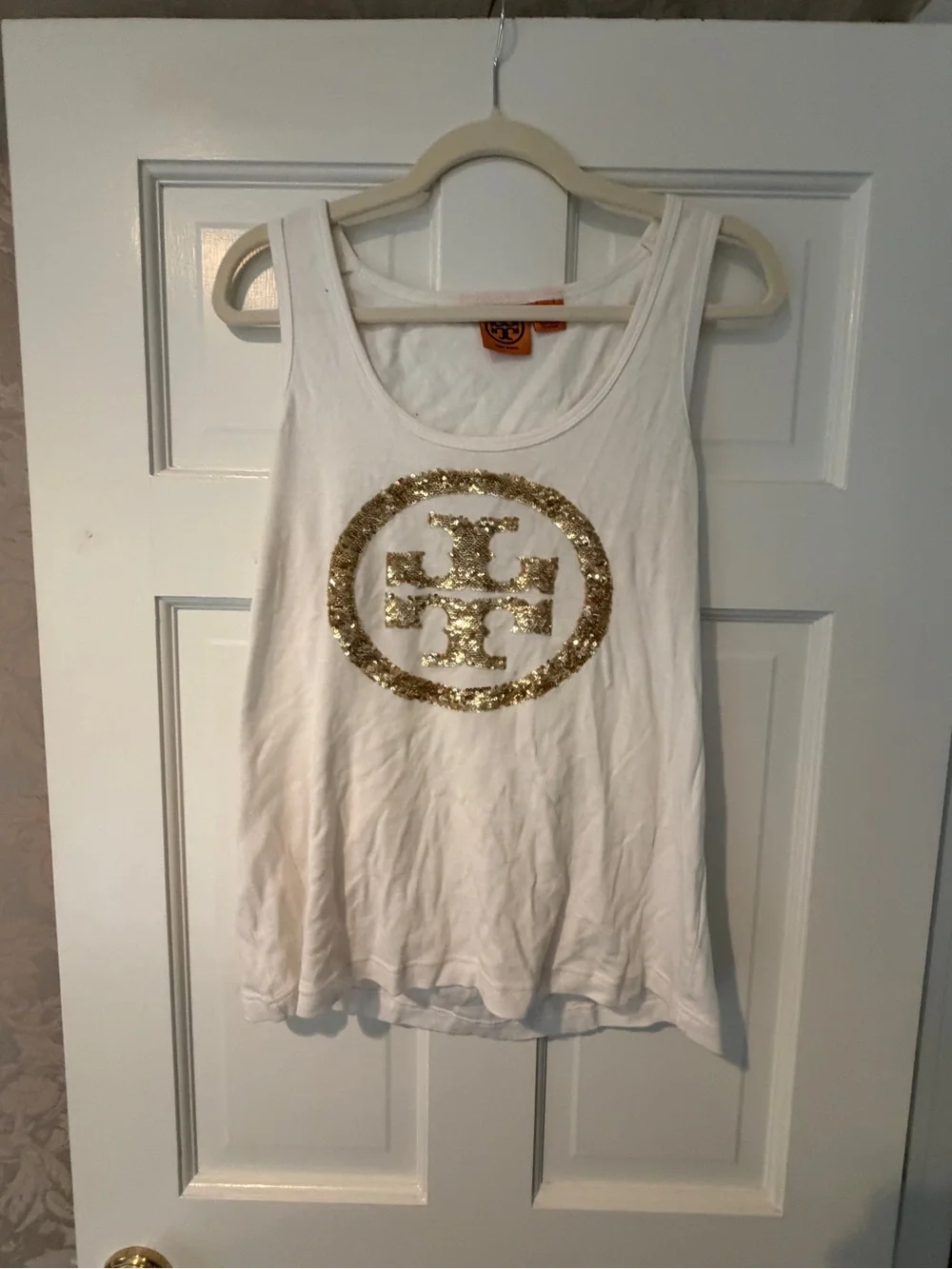 Tory Burch White Tank with Gold Sequin Emblem Xl crystals